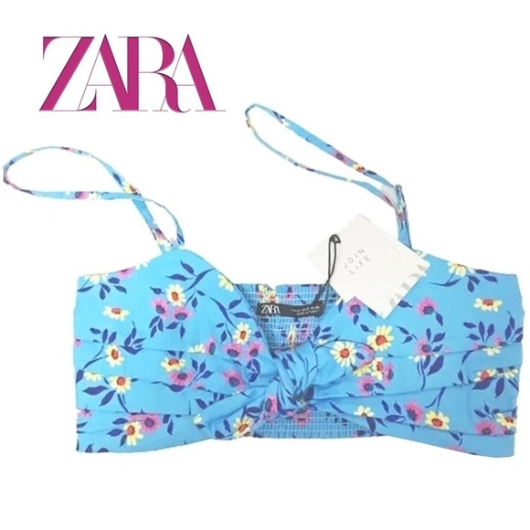 ZARA Crop Top Bandeau Summer Blue Floral Shirred Smocked Pretty Cute Beachy - Picture 1 of 13
